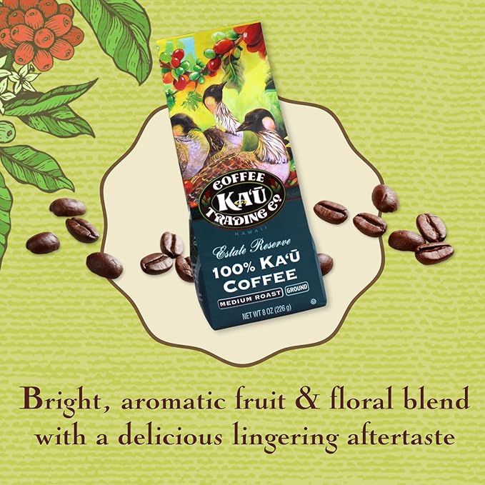 Ka'u Coffee Mill Estate Reserve Medium Roast Ground Coffee - Delicious Fruity Notes - Pure Ka'u - Specialty Roast - Handpicked Hawaii Grown Arabica Beans - Gourmet Small Batch - 8oz