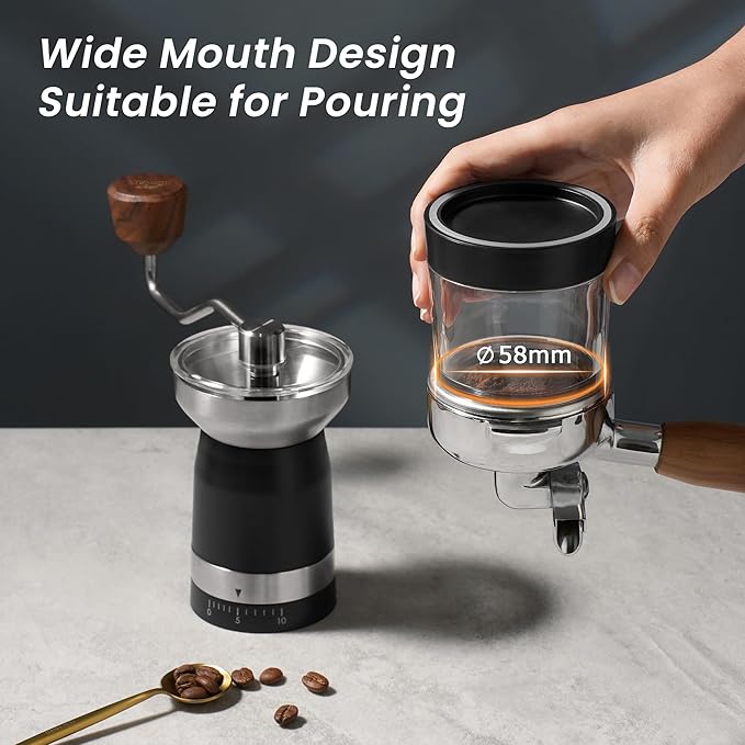 VEVOK CHEF Manual Coffee Grinder 10 External Adjustment Fashion Bean Grinder Stainless Steel Double Bearing Conical Burr Portable Hand Coffee Mill for Home,Camping,Silver