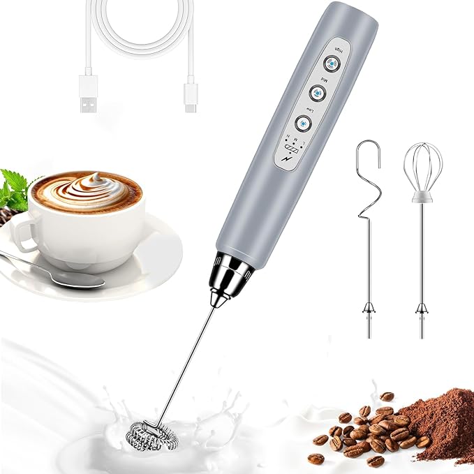 Milk Frother Handheld for Coffee, Electric Whisk 3 Speed Adjustable, Drink Mixer with Stainless 3 Whisks, Rechargeable Hand Frother Wand, Foam Maker for Latte Cappuccino Hot Chocolate Egg