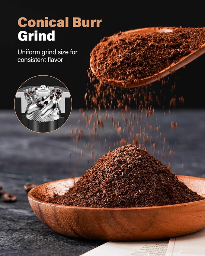 Conical Burr Coffee Grinder Electric, Espresso Grinder for Home Use, Burr Mill with 51 Grind Settings, Precision Electronic Timer, Stainless Steel Container