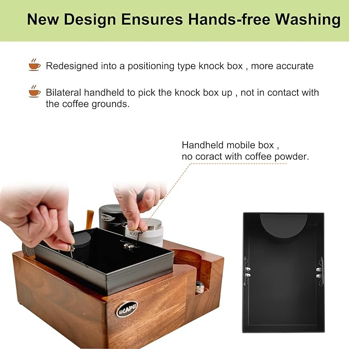 IKAPE V2 Espresso Knock Box, Espresso Coffee Organizer Box Fit for Storage 51 to 58MM Espresso Tamper, Distributor, Portafilter & Puck Screen Accessories, Natural Walnut Station Base (8 IN One)