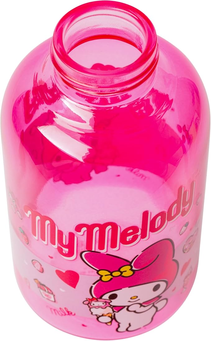 Silver Buffalo Sanrio Hello Kitty and Friends Featuring My Melody Strawberries Sweets Pink Glass Milk Bottle with Straw, 15 Ounces