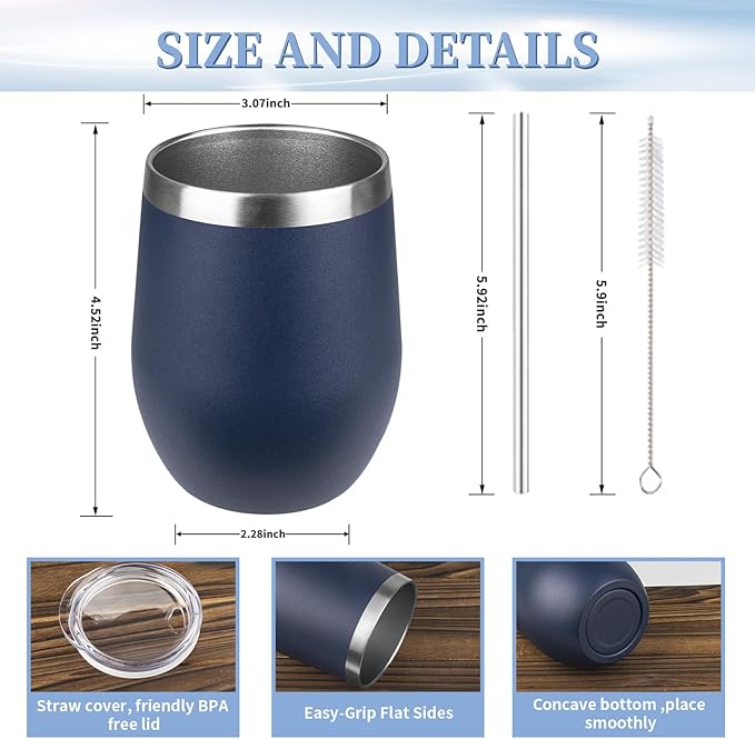 12oz/4 Pack Wine Tumbler with lid, Stainless Steel Travel Mugs Stemless Double Wall Insulated Coffee Cup, Insulated Wine Glasses Travel Tumbler for Cold & Hot Drinks(Navy Blue,4)