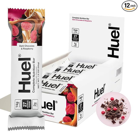 Huel Complete Nutrition Vegan Protein Bars | Dark Chocolate Raspberry | 13g Protein | 27 Vitamins & Minerals, 2g Sugar, Non-GMO, 100% Plant Based Snack | 12 Pack