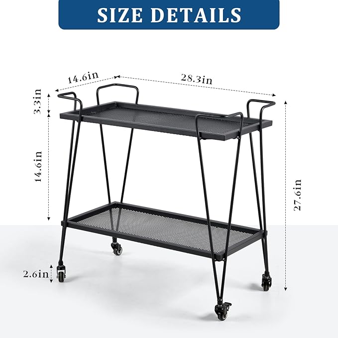 2-Tier Mobile Serving Cart-Industrial Metal Bar Cart on Hassle Casters- Minimalist Rolling Plant Display Stand-Modern Coffee Liquor Storage Cart for Office-28.3 * 14.6 * 27.6inch(L*W*H)