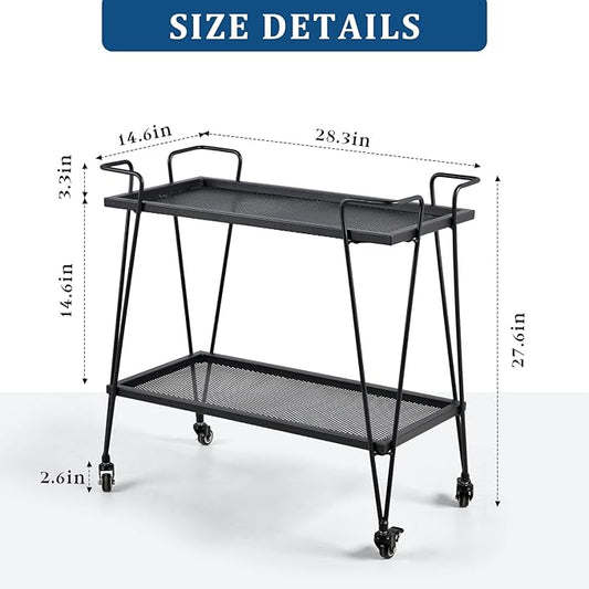 2-Tier Mobile Serving Cart-Industrial Metal Bar Cart on Hassle Casters- Minimalist Rolling Plant Display Stand-Modern Coffee Liquor Storage Cart for Office-28.3 * 14.6 * 27.6inch(L*W*H)