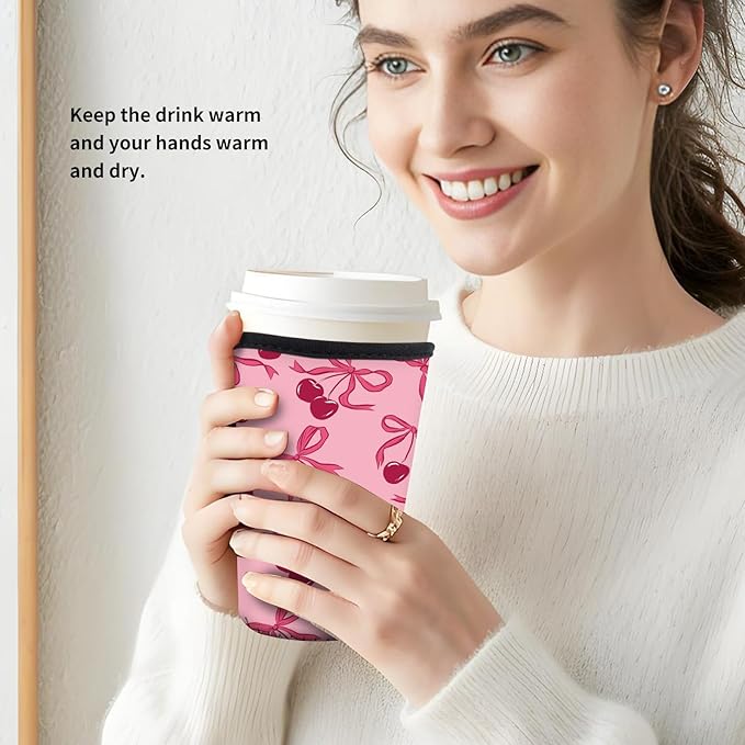 Reusable Neoprene Insulator Sleeve for Iced Coffee Cold Soda Cups, Cute Durable Drink Sleeve for Cold Beverages, Medium 22-28oz Cup Sleeve Cute Pink Bow