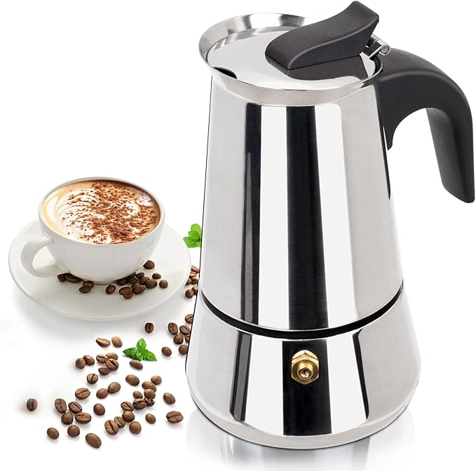 4 Cup 200ml Moka Pot Stainless Steel Espresso Coffee Maker Stovetop Percolator Coffeemaker Italian Classic Style Brewing Greca Cafe Mocha Machine for Cafeteras Lover Camping Travel and Home Use 6.6oz
