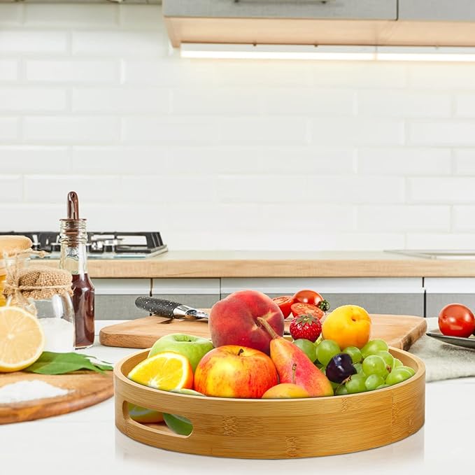 Jucoan 13.8 Inch Large Round Bamboo Serving Tray, Bamboo Wood Circle Tray with Handles, Round Ottoman Food Tray for Serving Breakfast, Drinks, Snack on Home Dining Table