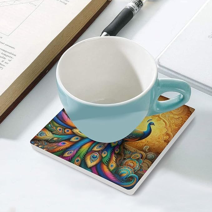 Square-4PCS Peacock Drink Coasters, Square Modern Ceramic Absorbent Coasters, Beautiful Colorful Floral Peacock Boho Art Pattren Decor Desk Coffee Table Coaster for Beverage Cup Tea Coasters