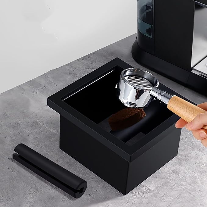 Espresso Knock Box Chute, Stainless Steel Built-in Desktop Coffee Knock Box with Detachable Rubber Rod, Rectangle Bottomless Espresso Knock Box (Black)