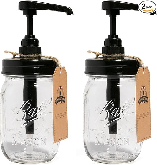 Jarmazing Products Mason Jar Syrup Dispenser - Set of 2 – 16 oz Ball Jars with Rust-Proof, Leak-Proof, Food Grade Pumps for Honey, Syrups, Condiments, Salad Dressings and More