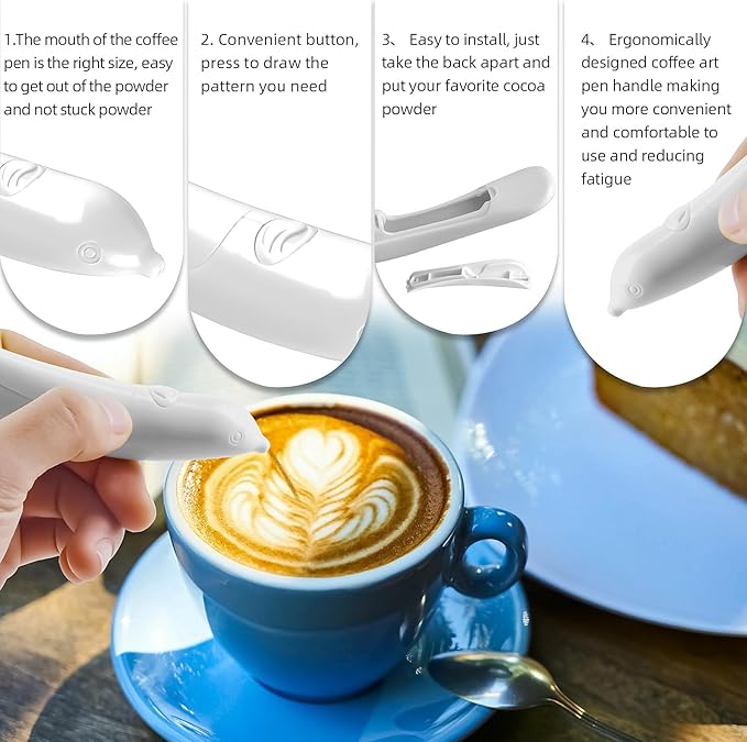 Spice Pen for Electrical Coffee Art for Latter &Food,DIY a Variety of Special Creative Pattern with All Natural Materials-Coffee Grounds, Cocoa Powder, Ground Sugar (White)