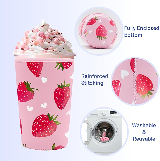 Iced Coffee Sleeve Reusable Cup Sleeves for Cold Drinks Neoprene Koozie Cozy Plastic Cup Covers for Drinks, Strawberry