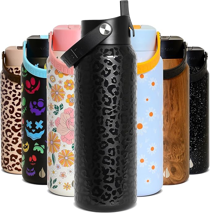 Elemental 40oz Insulated Water Bottle with Straw - 100% Leak-Proof Stainless Steel Core Water Bottles for Travel, Sports and Gym - Double Wall Insulation & BPA Free - Black Leopard