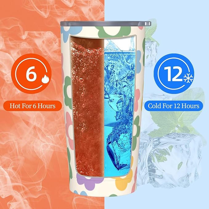 Vintage Groovy Flowers 20oz Stainless Steel Insulated Tumblers Travel Mug Cup Leakproof Gift For Men Women Hot & Cold Drinks Splash-Proof Lid Metal Straw and Brush