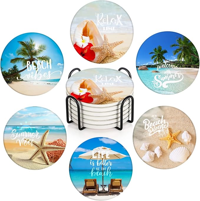 Britimes Coaster for Drinks Set of 6, Tropical Beach Landscape Caribbean Absorbent Round Ceramic Stone Mat, with Cork Base and Metal Holder, Gift for Housewarming Room Bar Decor