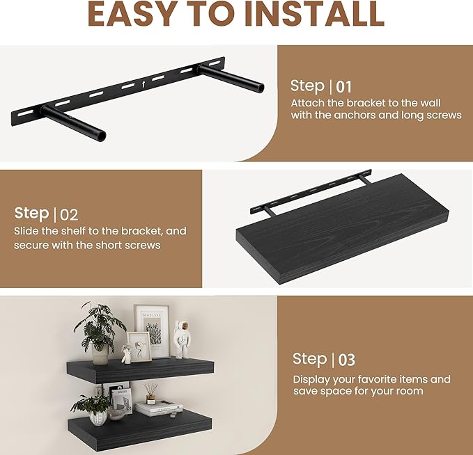 Fun Memories Rustic Floating Shelves for Home Decor, 8 Inch Deep Floating Shelf, Solid Wood Floating Wall Shelves 24 Inch Long, Deep Wall Shelves for Bathroom, Living Room, Black Finsh, Set of 2