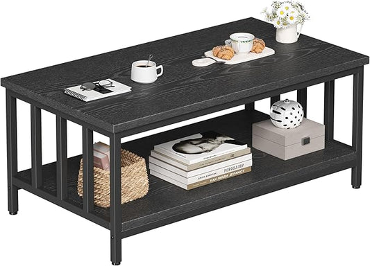 Coffee Table for Living Room with Slatted Sides Frame, Modern Farmhouse Living Room Table with 2-Tier Storage Shelf for Home Office, Apartment, 39 inch, Black