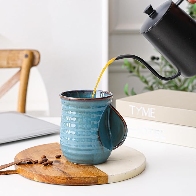 Mkour 21oz Large Ceramic Coffee Mugs, Handmade Tea Cups with Comfortable Handle for Office and Home, Microwave and Dishwasher Safe (Blue)