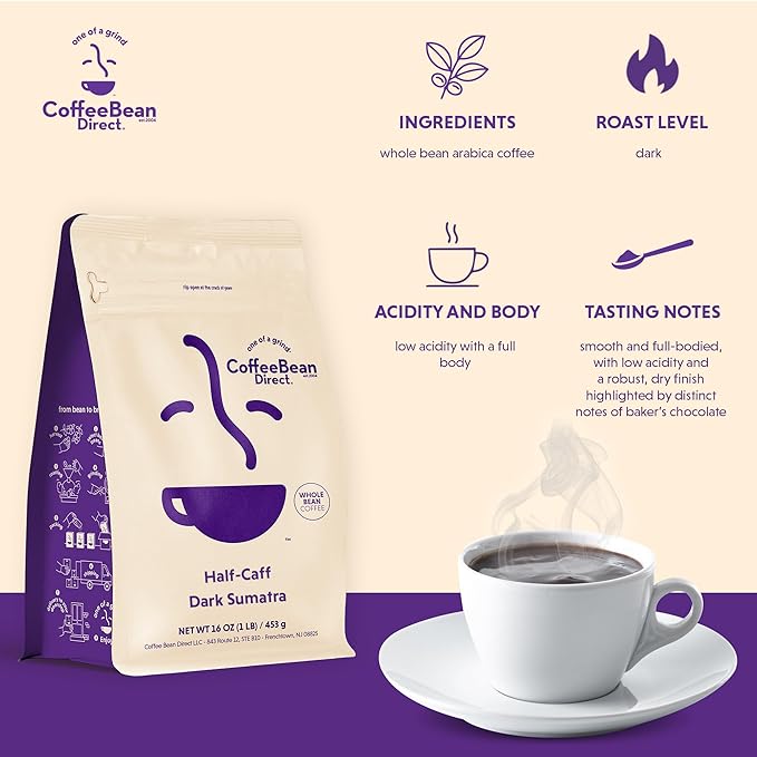 Coffee Bean Direct Half-Caff Dark Sumatra, Whole Bean Coffee, Dark Roast, 1 Pound Bag (Pack of 1)