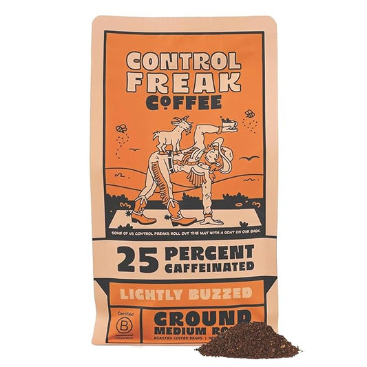Control Freak Coffee Lightly Buzzed – 25% Caffeine Ground Coffee (32 Oz) | Low Caffeine Coffee with Smooth, Full Flavor for Jitter-Free Energy | Sugarcane Decaf, Freshly Roasted Coffee Beans