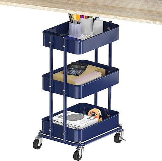 Simple Houseware 3-Tier Compact Utility Rolling Cart, Low 24” Height Fits Under Desk, Space-Saving Storage for Home Office, Dining Room, or Kitchen, Navy