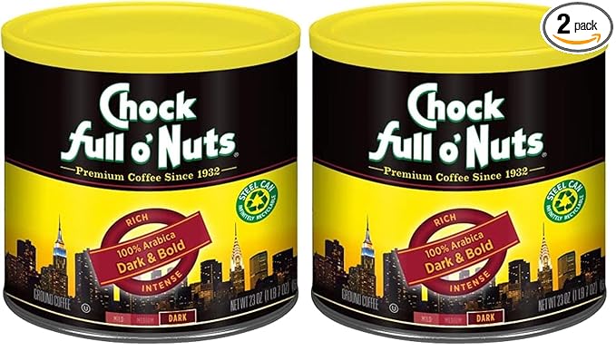 Chock Full o' Nuts Dark & Bold Ground Coffee – Premium Beans in Recyclable Steel Can – Rich Flavor & Aroma, Dark Roast – Perfect for Drip, Pour-Over, Percolator – 23 Oz Can (Pack of 2)