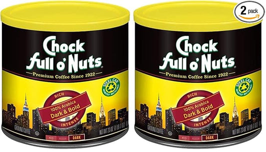 Chock Full o' Nuts Dark & Bold Ground Coffee – Premium Beans in Recyclable Steel Can – Rich Flavor & Aroma, Dark Roast – Perfect for Drip, Pour-Over, Percolator – 23 Oz Can (Pack of 2)
