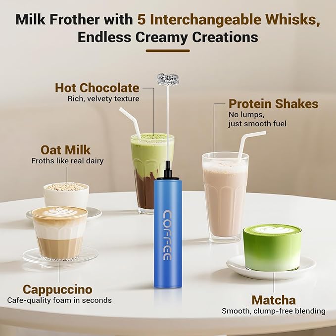 Milk Frother Handheld Rechargeable - 2-Speed Electric Whisk with 5 Detachable Heads (Frother/Mixer/Whisk) for Coffee, Latte, Cappuccino & Matcha, Drink Mixer (Flower 11)