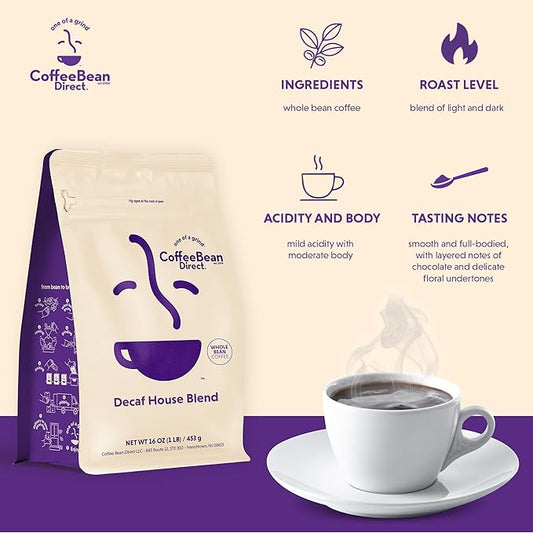 Coffee Bean Direct Decaf House Blend, Whole Bean Coffee, Mixed Roast Level, 1 Pound Bag (Pack of 1)