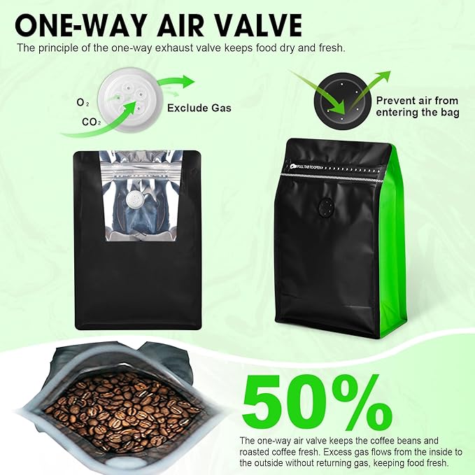 Coffee Bags with Valve(60pcs,8oz,0.5lb) Vented Coffee Beans Packaging Bags High Barrier Aluminumed Foil Flat Bottom Heat Sealed Side Zipper Resealable Storage Bag for Home or Business（Black+Green）