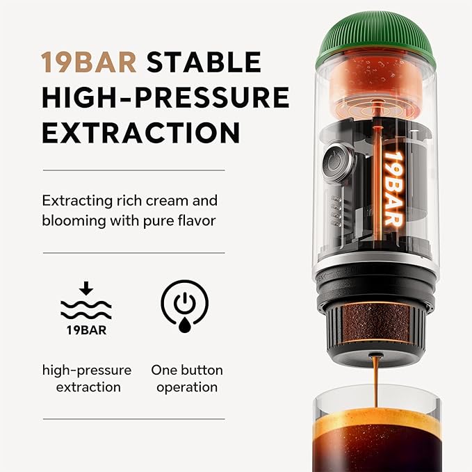 Portable Espresso Machine with 3-4 Min Self-heating, 12V Rechargeable Electric 2-in-1 Coffee Machine Compatible with NS Capsules and Ground Coffee for Car Camping Travelling Office Home , Green
