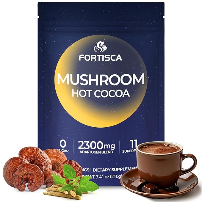 Mushroom Hot Cocoa Powder with Magnesium Glycinate, L-Theanine, Reishi, Tryptophan, Ashwagandha Etc, Sleep Hot Chocolate Supplement for Calm, Relax, Sleep & Stress Support, Mushroom Coffee 7.41oz