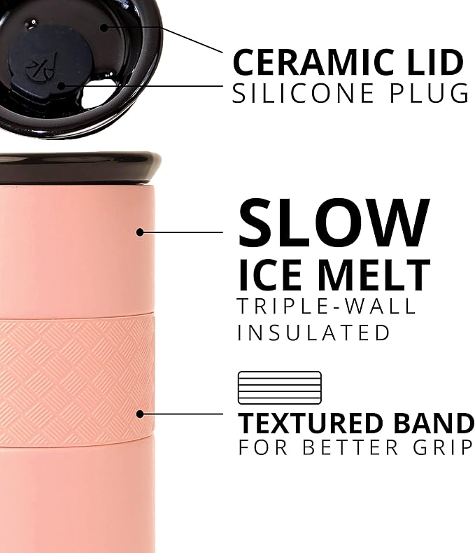 Elemental Artisan Insulated Tumbler, Triple Wall Coffee Travel Mug, Reusable Stainless Steel Coffee Tumbler with Ceramic Lid, Thermal Coffee Cups for Hot (6 Hrs) & Cold (18 Hrs), 16oz - Rose Pink