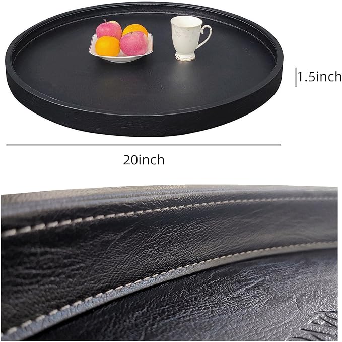 20 * 20 inches High-end Luxury Leather Round Oversized Service Tray, Ottoman & Coffee Tray for Family Dinner, Out-of-House Picnic, Party Essential (20 inch Black)