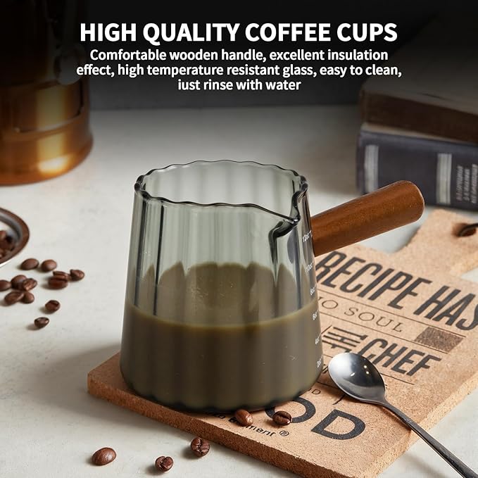 Espresso Measuring Cup 12 Oz, Espresso Glass Cups with Wood Handle, Milk Frothing Cup, Espresso Cup for Coffee, Milk, Tea or Maple Syrup Serving (Gray, 12 oz)