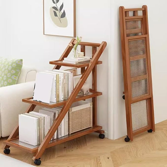 Folding Side Table Glass Coffee Station Table on Wheels,Movable Coffee Bar Stand Cart with Storage,Foldable Coffee Table,for Home Kitchen, Entryway, Living Room,Dining Room(Brown,45x32x57cm)