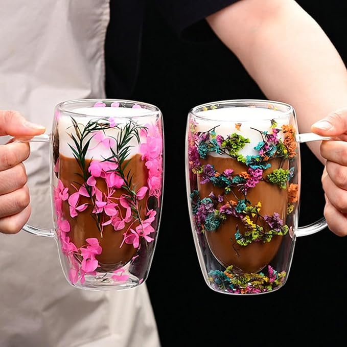 15.22oz, Double Wall Borosilicate Glass Coffee Mug with Heat-Resistant Handle, Insulated Flower Tea Cup, Multi-Color Options (pink,15.22oz)