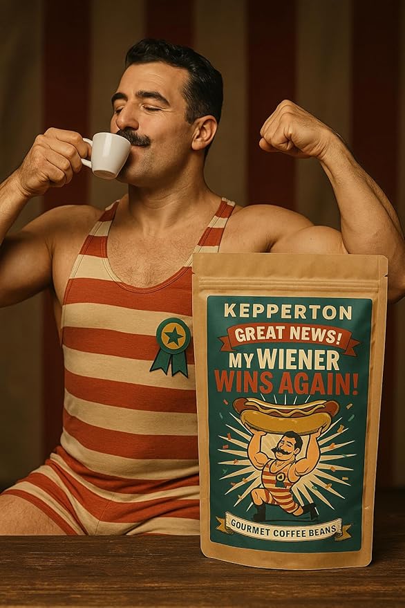 My Wiener Wins Again Gag Gift for Caffeine Fiends Coffee Gifts for Men & Hot Dog Lovers, Weird Basket Stuffers for Birthdays or Holidays, Resealable Bag, Whole Bean
