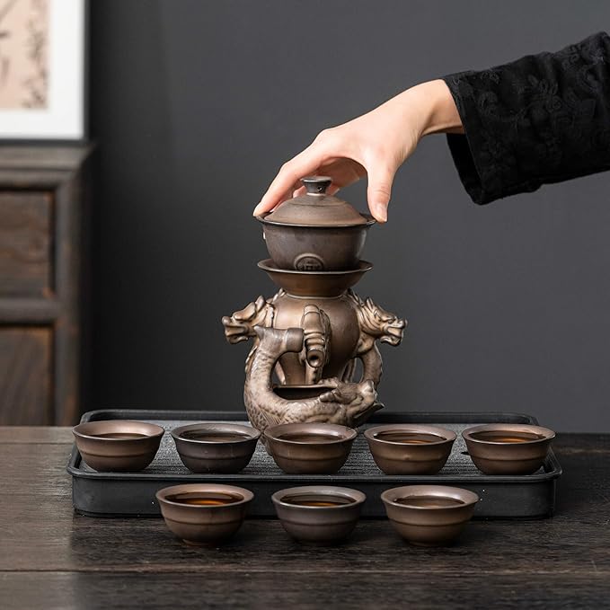 Kungfu Tea Sets Ceramic Teapot with Infuser Loose Leaf Tea Teapot with 8 cups (Antique Brass Dragons)