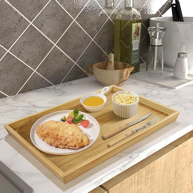 2pcs Rectangular Bamboo Serving Tray for Eating Drinks Storage Snacks TV Breakfast Coffee Parties Bathroom(13.8"x 10.2"x 0.8")