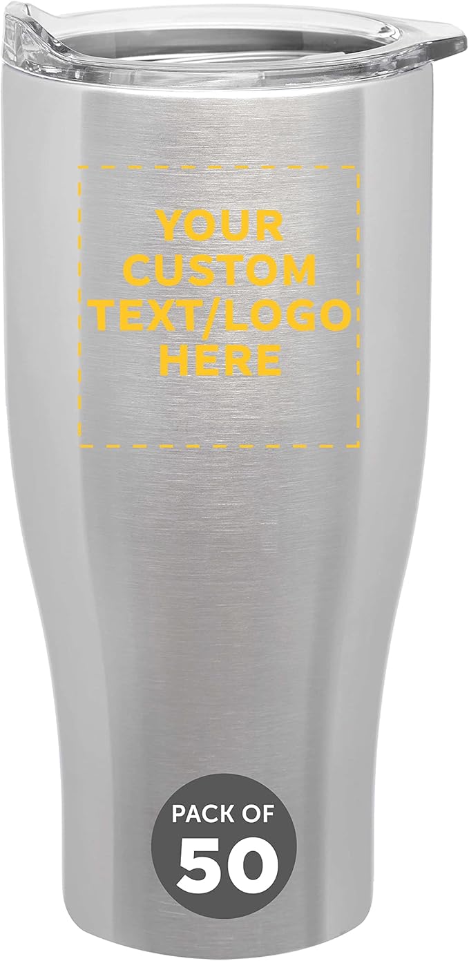Custom Stainless Steel Grip Travel Mugs 27 oz. Set of 50, Personalized Bulk Pack - Perfect for Coffee, Soda, Other Hot & Cold Beverages - Silver