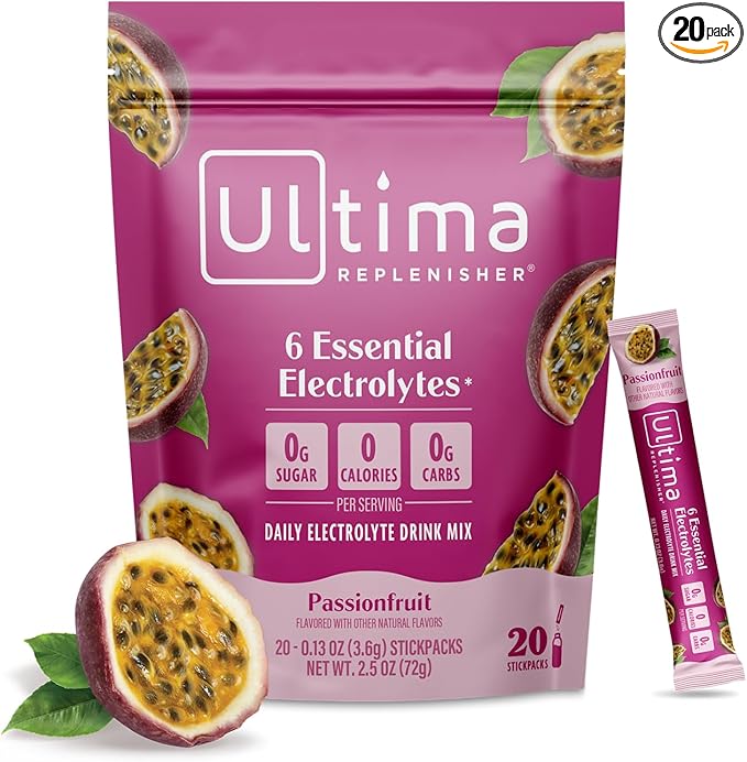 Ultima Replenisher Daily Electrolyte Powder – Passionfruit, 20 Stickpacks – Zero Sugar Hydration Packets with 6 Electrolytes and Minerals – Sugar Free, Plant Based & Keto Friendly Drink Mix
