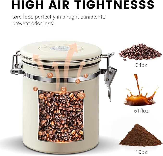 Airtight Coffee Container with Date Tracker & Spoon - Kitchen Storage Jar for Coffee Grounds, Cereal, Beans, Sugar (Silver, 24OZ)