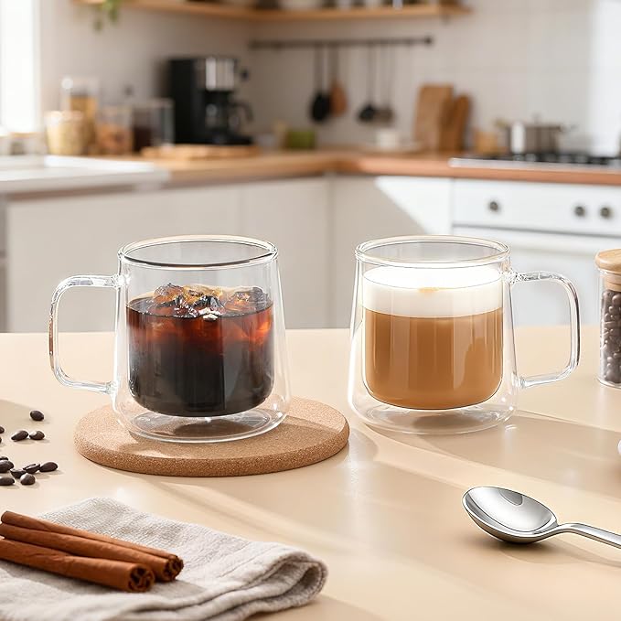 Aurzen 13oz Glass Coffee Mugs,Double Wall Insulated Glass Cups with Handle,Clear Espresso Mugs for Latte,Cappuccino,Tea Bag (2, 13oz)