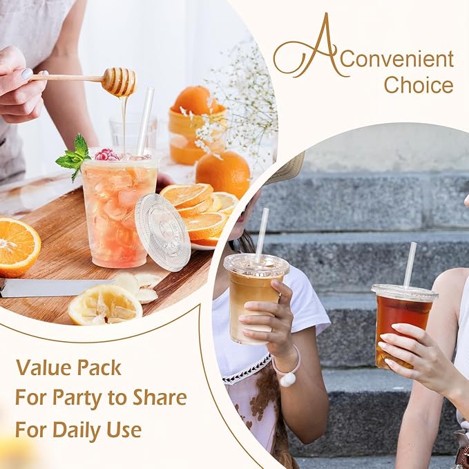 Clawsoff 16 oz 50 Pack Plastic Cups with Lids and Straws, Sturdy Food Safe Iced Clear Coffee Cups Disposable Smoothie Cups for Cold Drinks