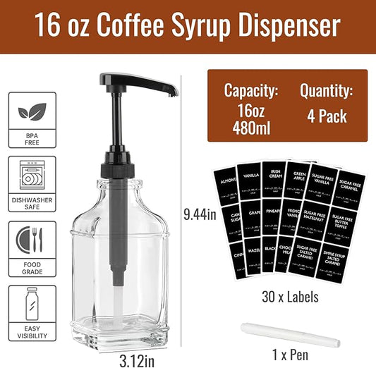 STARSIDE 16 oz Coffee Syrup Dispenser,4 pcs Clear Glass Syrup Bottle with 1/4oz Capacity Pump,Syrup Dispenser for Coffee Bar with Plastic Pump and Syrup Labels