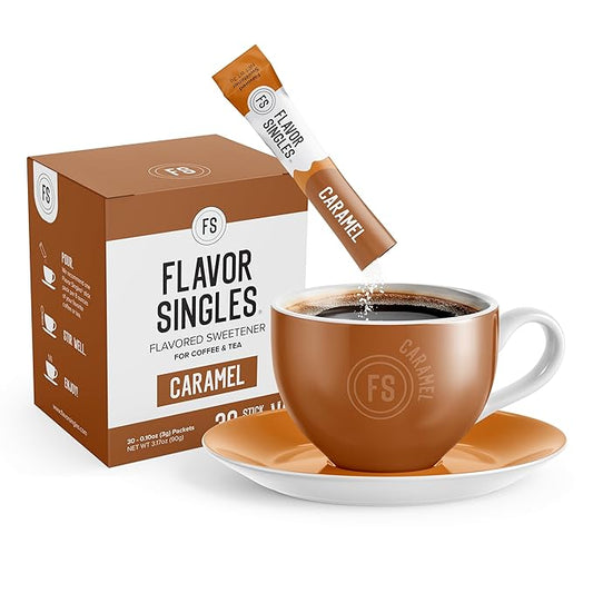 Flavor Singles Caramel Powdered Sweetener Packets for Coffee & Tea, Travel Ready Single-Serve Syrup Alternative, 30 Count (Pack of 1)