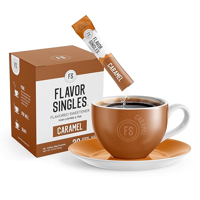 Flavor Singles Caramel Powdered Sweetener Packets for Coffee & Tea, Travel Ready Single-Serve Syrup Alternative, 30 Count (Pack of 3)